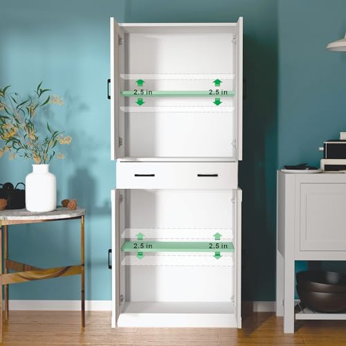 White 71" Tall Kitchen Storage Cabinet with doors and drawer Z540