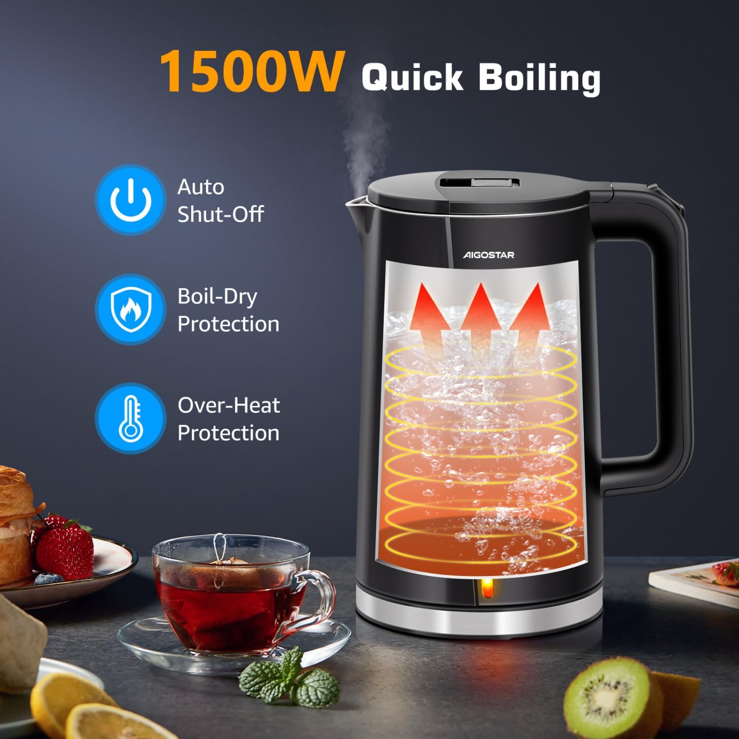 1.7 Liter Electric Kettle with High Borosilicate Glass and 304 Stainless Steel Interior E9304