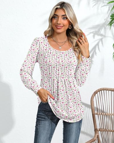 Puff Long Sleeve Tunic Tops Pleated Crew Neck Blouses Y56045