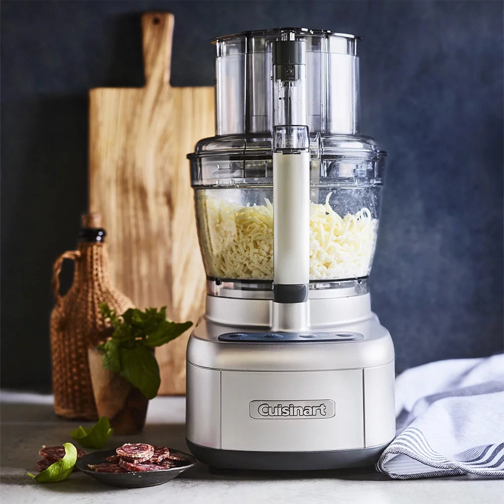 13-Cup Food Processor with Spiralizer and Dicer, Silver Bundle with 12 Piece Cutlery Set, Kitchen Timer and Red Oven Mitt K9483