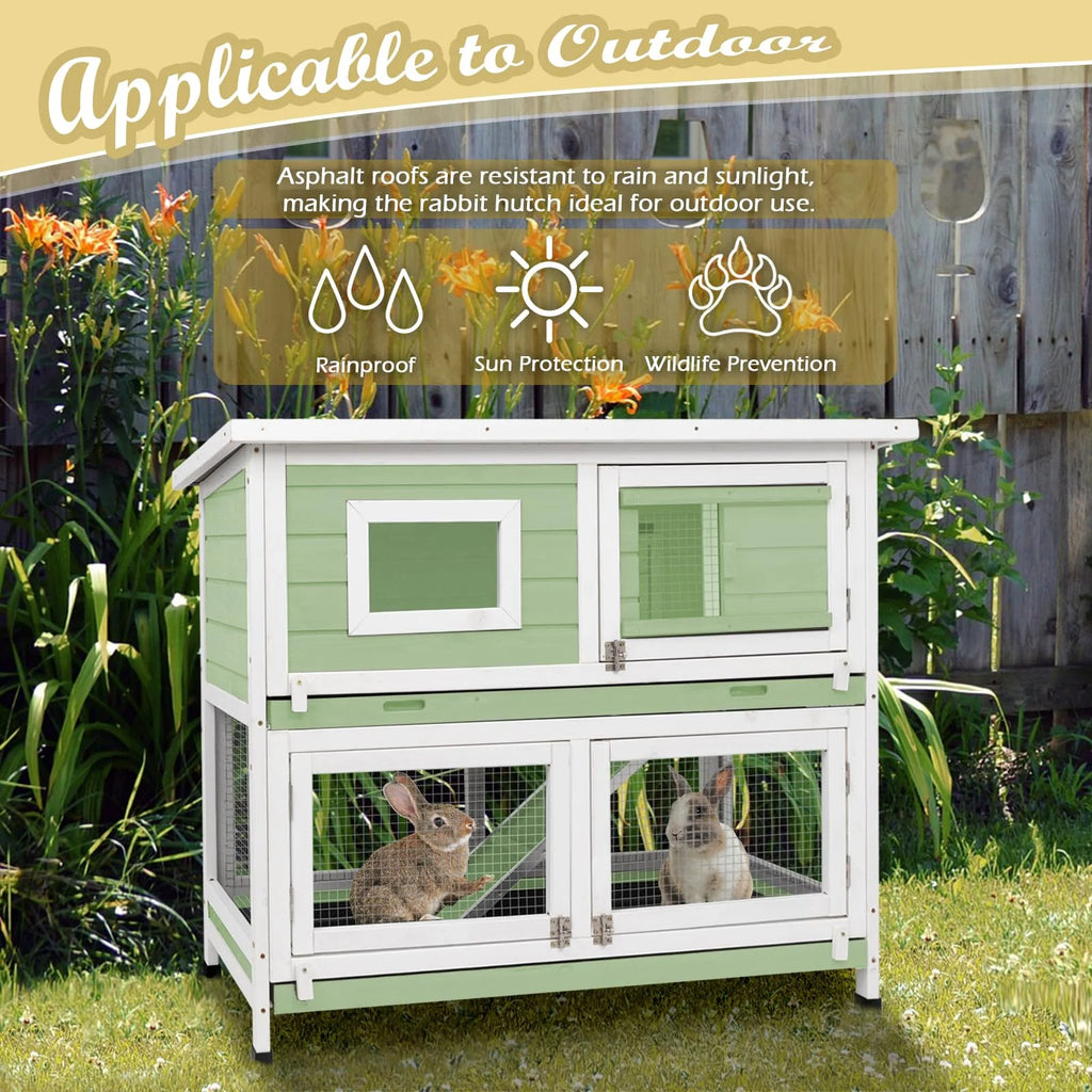 Green Two Story Rabbit Hutch with Wheels A537369