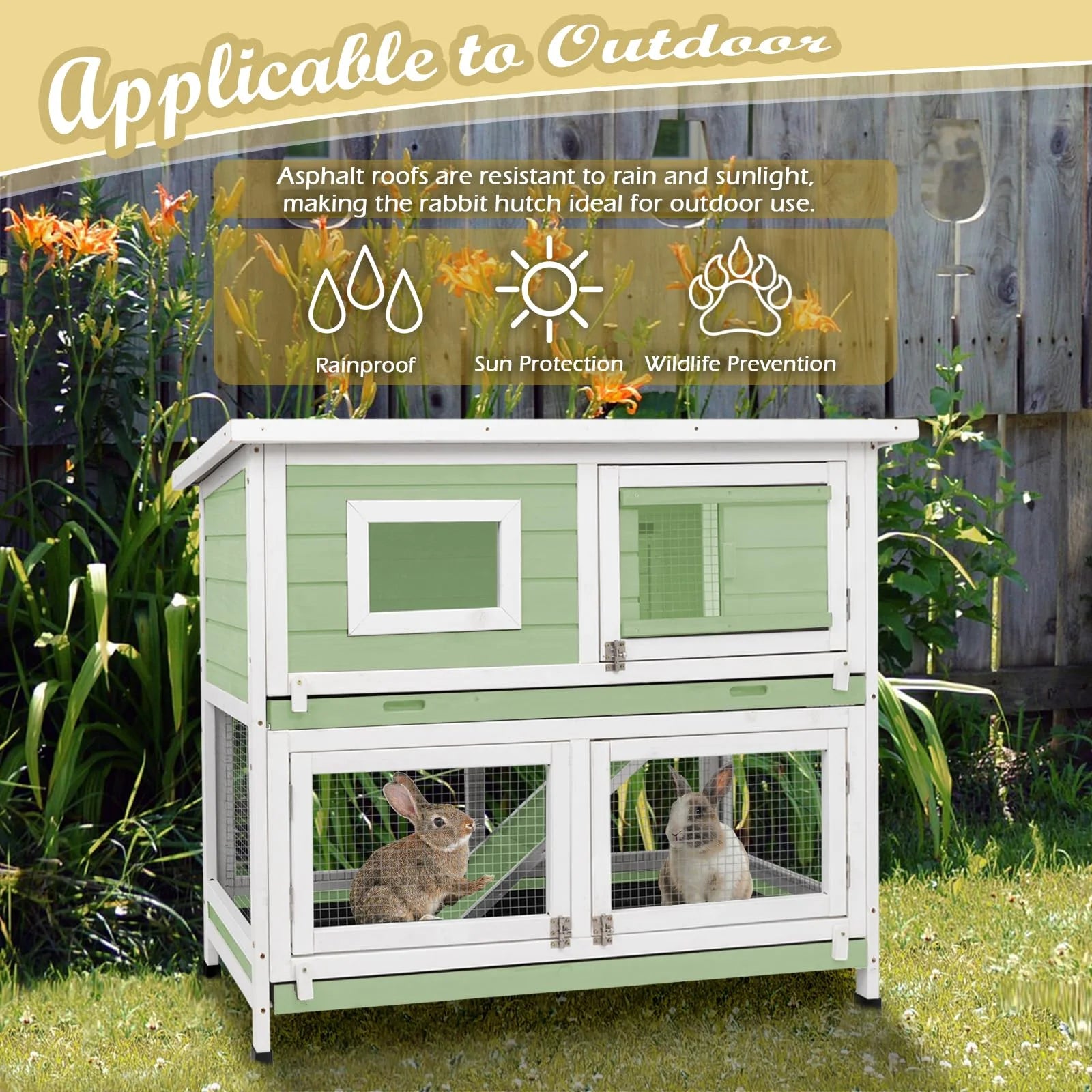 Green Two Story Rabbit Hutch with Wheels A537369