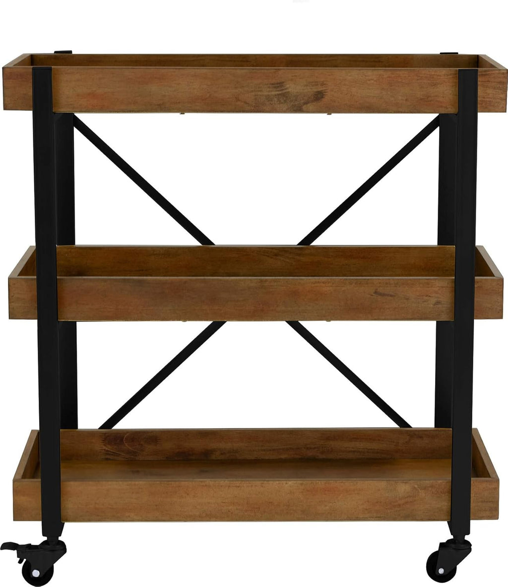 32 Inch Rolling Bar Cart with Wheels, Wood, Matte Black Metal Finish Z8004