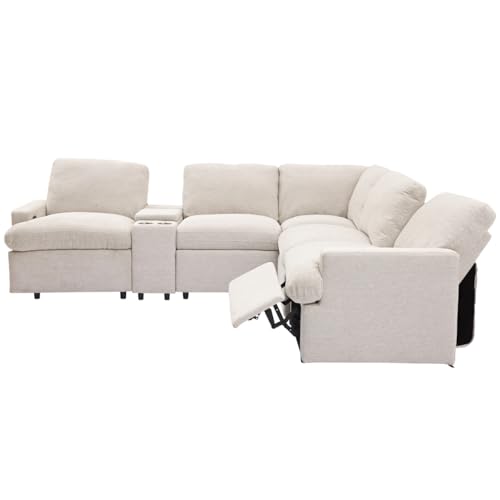 Beige L-Shaped Recliner Sectional Sofa with Storage Box J9040