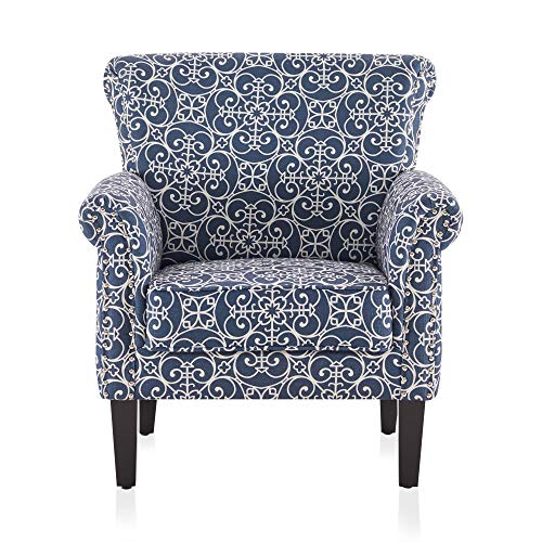 Upholstered Wingback Accent Chair, Fabric Armchair, Nailhead Trim High Back Patterned Corner Chair, Navy Blue/White E4944