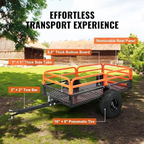 Heavy Duty Steel ATV Dump Trailer, 1500-Pound Load Capacity 15 Cubic Feet, Tow Behind Dump Cart with Removable Sides and 2 Tires F8203