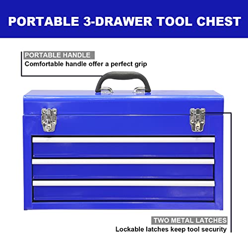 3 Drawer 20" Metal Tool Box Portable Steel Tool Chest Blue D8463