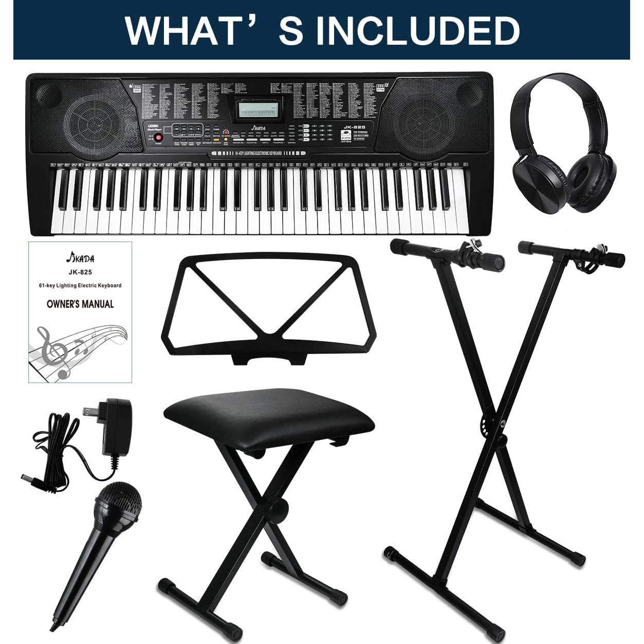 61 Key Portable Electronic Keyboard Piano with Lighted Full Size Keys, LCD, Headphones, X-Stand, Stool, Music Rest, Microphone, Note Stickers, Built-In Speakers, 3 Teaching Modes S6767