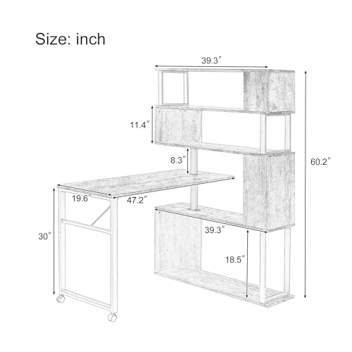 Brown L Shaped Computer Desk with Bookshelf and Lockable Casters B2864