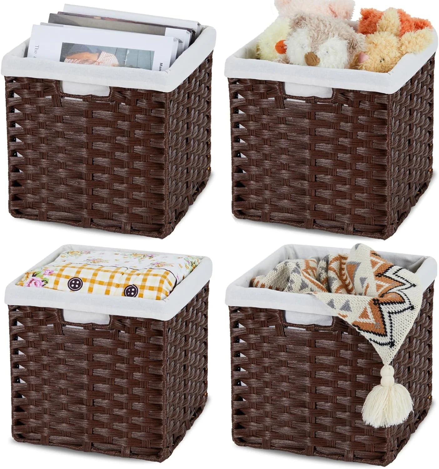 4-Pack Hand-Woven Imitation Wicker Cube Storage Bins with Liners Greyish Beige N202