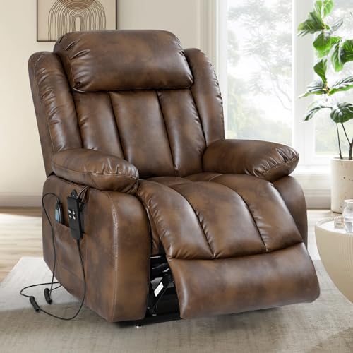 Large Power Lift Recliner with Heated and Massage, Breathable Leather (Dark Blue) G74525