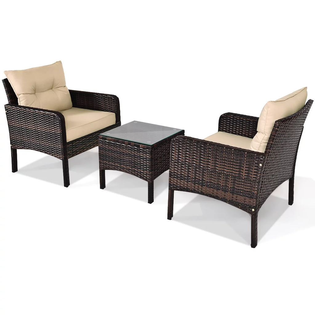 Brown 3PCS Patio Outdoor Rattan Furniture Set with Cushioned Chairs Coffee Table Q873