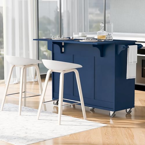 Large Kitchen Island with 2 Drop Leaf, Rolling Kitchen Cart on 5 Wheels with Power Outlet, Folding Storage Dining Table with Spice & Towel Rack, 3 Drawers Z238980