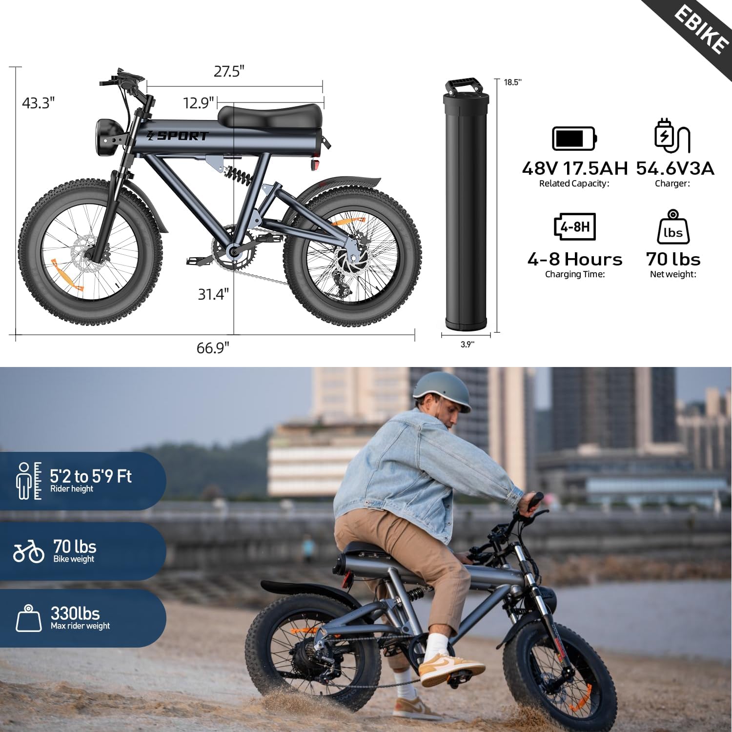 750W Electric Bike 20" Fat Tire Ebike Aluminum Frame 840Wh Removable Battery 7 Speed Full Suspension O153647