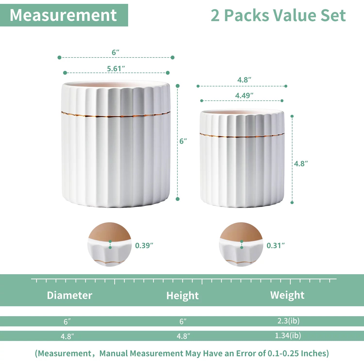 2 Pack White Ceramic Plant Pots with Drainage Hole X404