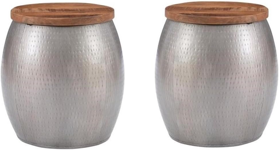 Set of 2 Metal and Wood Drum Side Table with Storage Q230424