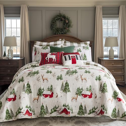 King/Cal King Red Green Brown White Cotton Reversible Quilt Set with Two King Pillow Shams A926389