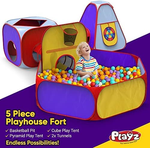 5pc Kids Playhouse Jungle Gym with Pop Up Tents, Tunnels, and Basketball Pit with Zipper Storage Case X354117