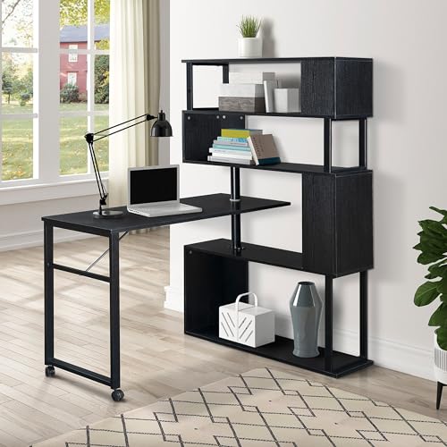 Brown L Shaped Computer Desk with Bookshelf and Lockable Casters B2864