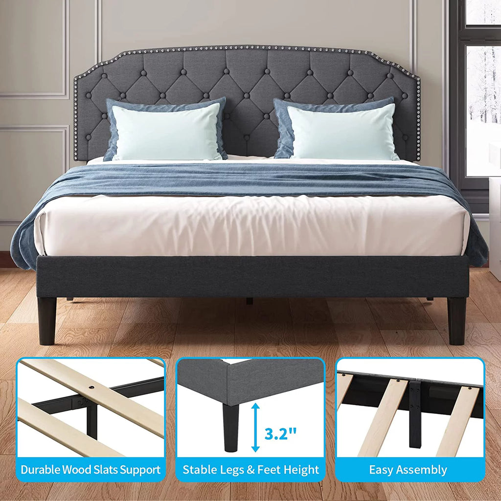 Queen Size Platform Bed Frame with Diamond Button Tufted Upholstered Headboard, Dark Grey F766