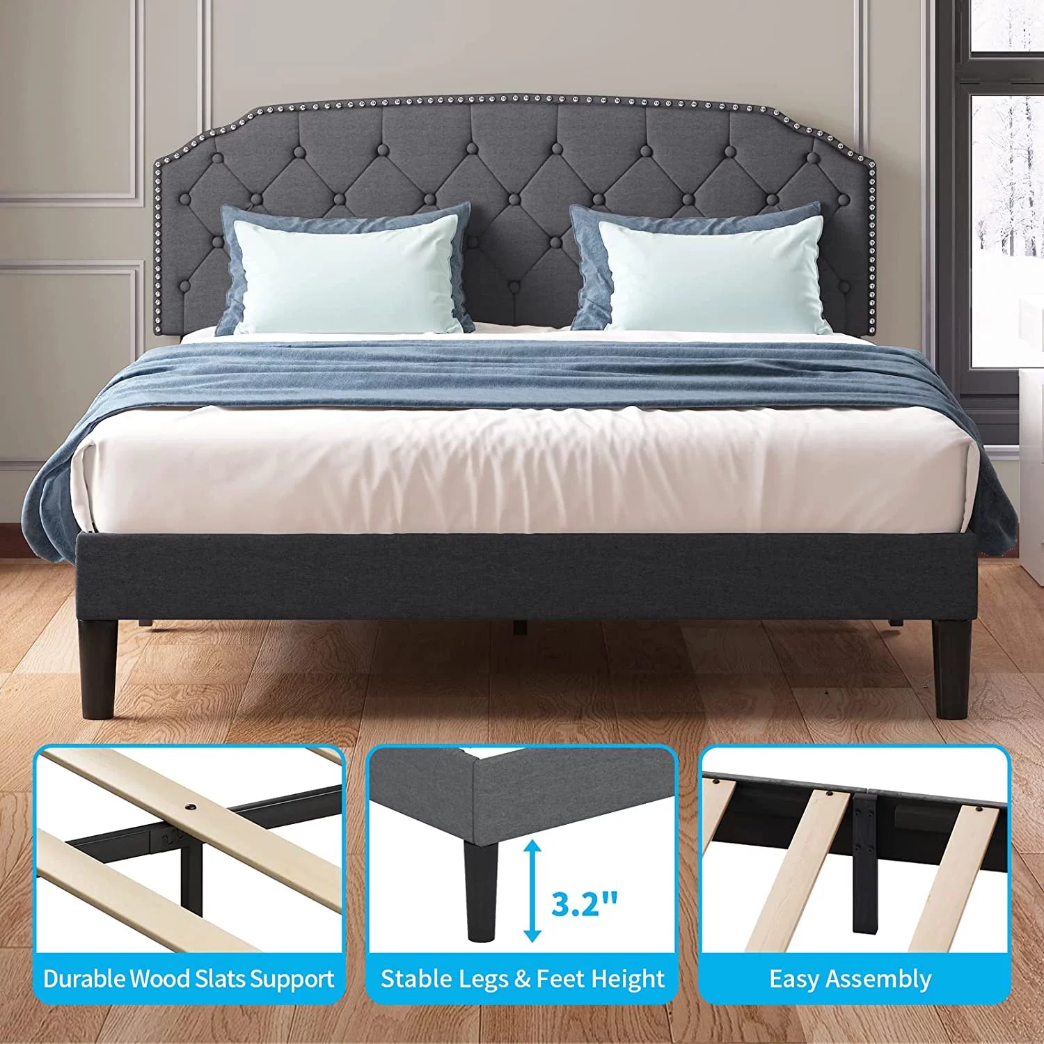 Queen Size Platform Bed Frame with Diamond Button Tufted Upholstered Headboard, Dark Grey F766