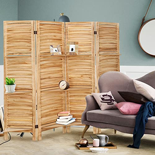 4 Panel Wooden Room Divider with Shelves (Deep Brown) L8493