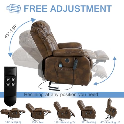 Large Power Lift Recliner with Heated and Massage, Breathable Leather (Dark Blue) G74525