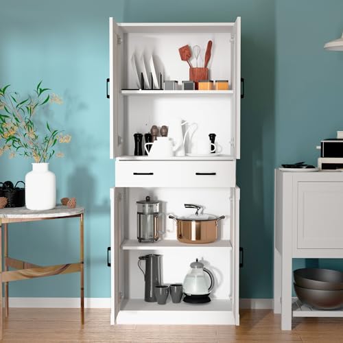 White 71" Tall Kitchen Storage Cabinet with doors and drawer Z540
