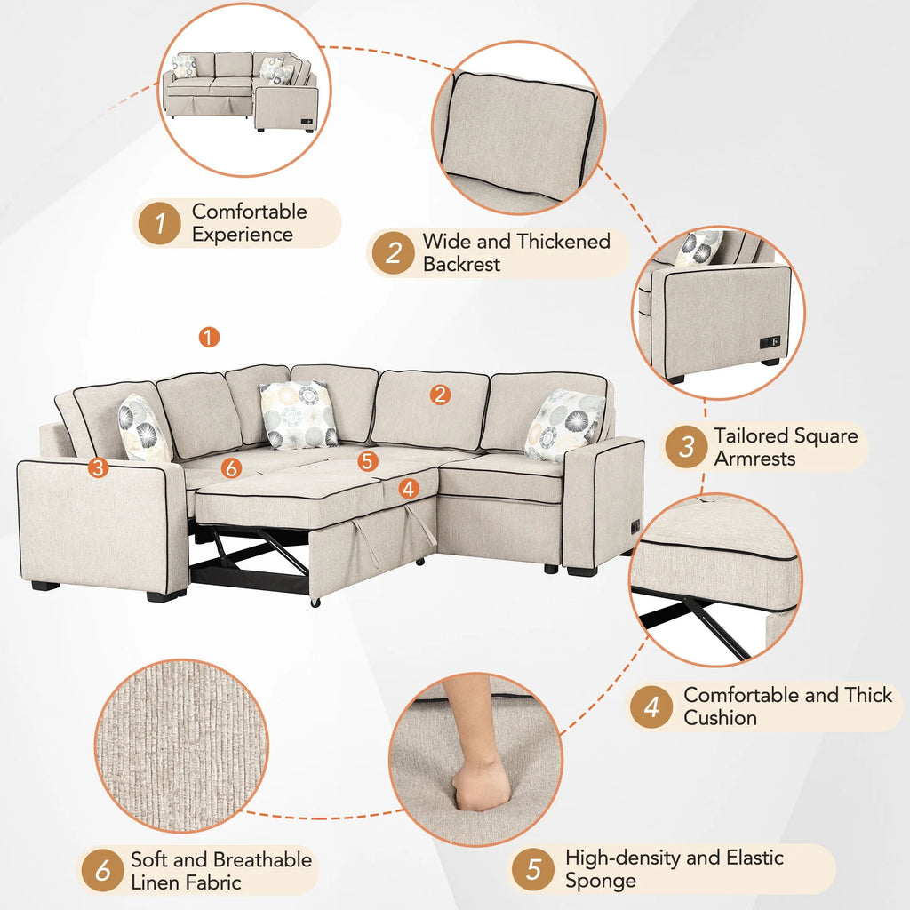 5 Seat L-Shaped Pull Out Sofa Bed with USB Ports, Cream D59172