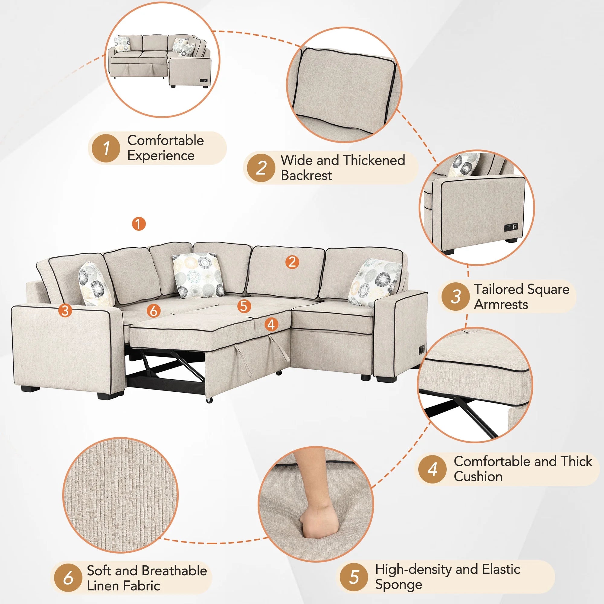 5 Seat L-Shaped Pull Out Sofa Bed with USB Ports, Cream D59172