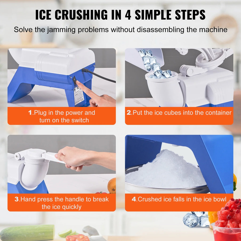 Electric Ice Crusher Machine 176lbs/Hr Snow Cone Maker Shaved Ice 220W H4494