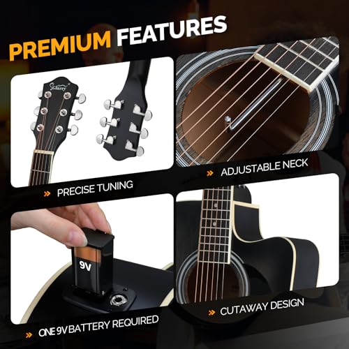 Full Size 6 Strings Acoustic Electric Guitar with Inbuilt Tuner, Bag, Strap, Picks, Strings, Basswood, Matte Distressed Black Q45113