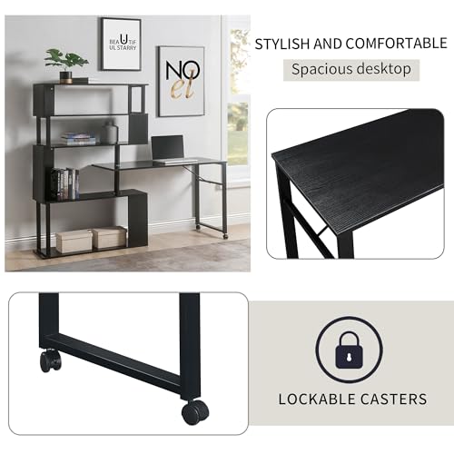Brown L Shaped Computer Desk with Bookshelf and Lockable Casters B2864