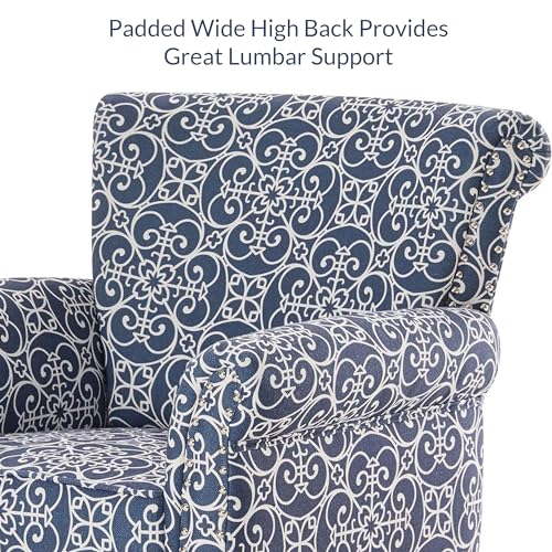 Upholstered Wingback Accent Chair, Fabric Armchair, Nailhead Trim High Back Patterned Corner Chair, Navy Blue/White E4944