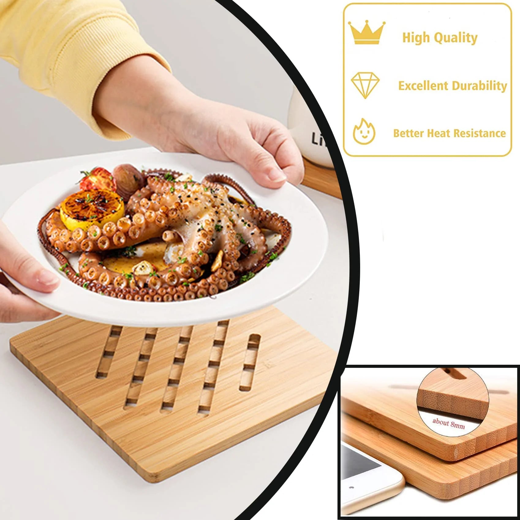 8 Pack Natural Bamboo Trivet Mat Set with 2 Holders Z61238