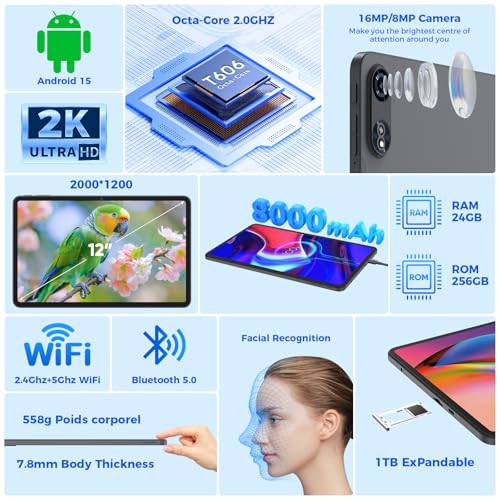 12 inch Android Tablet with Keyboard, 24GB RAM, 256GB Storage, 2K Display, 8000mAh S410310