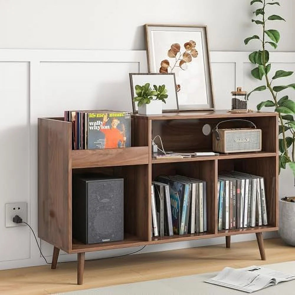 Mid-Century Record Player Stand with Vinyl Record Cabinet and Power Outlet K957669