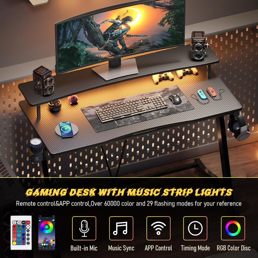 Gaming Desk with Power Outlets & Music Strip Lights, Large Monitor Stand Z617