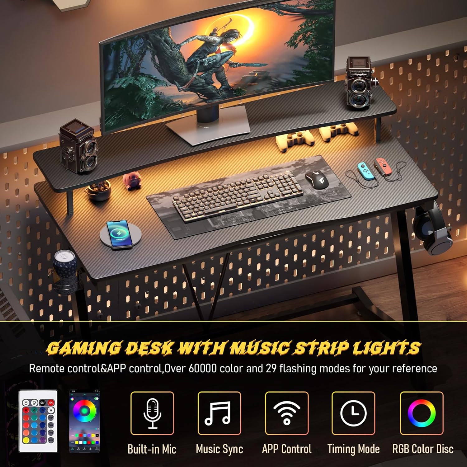 Gaming Desk with Power Outlets & Music Strip Lights, Large Monitor Stand Z617