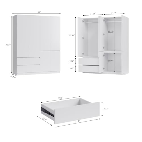 White 4 Door 2 Drawers Wooden Armoire Wardrobe with Shelves and Hanging Rod E242441