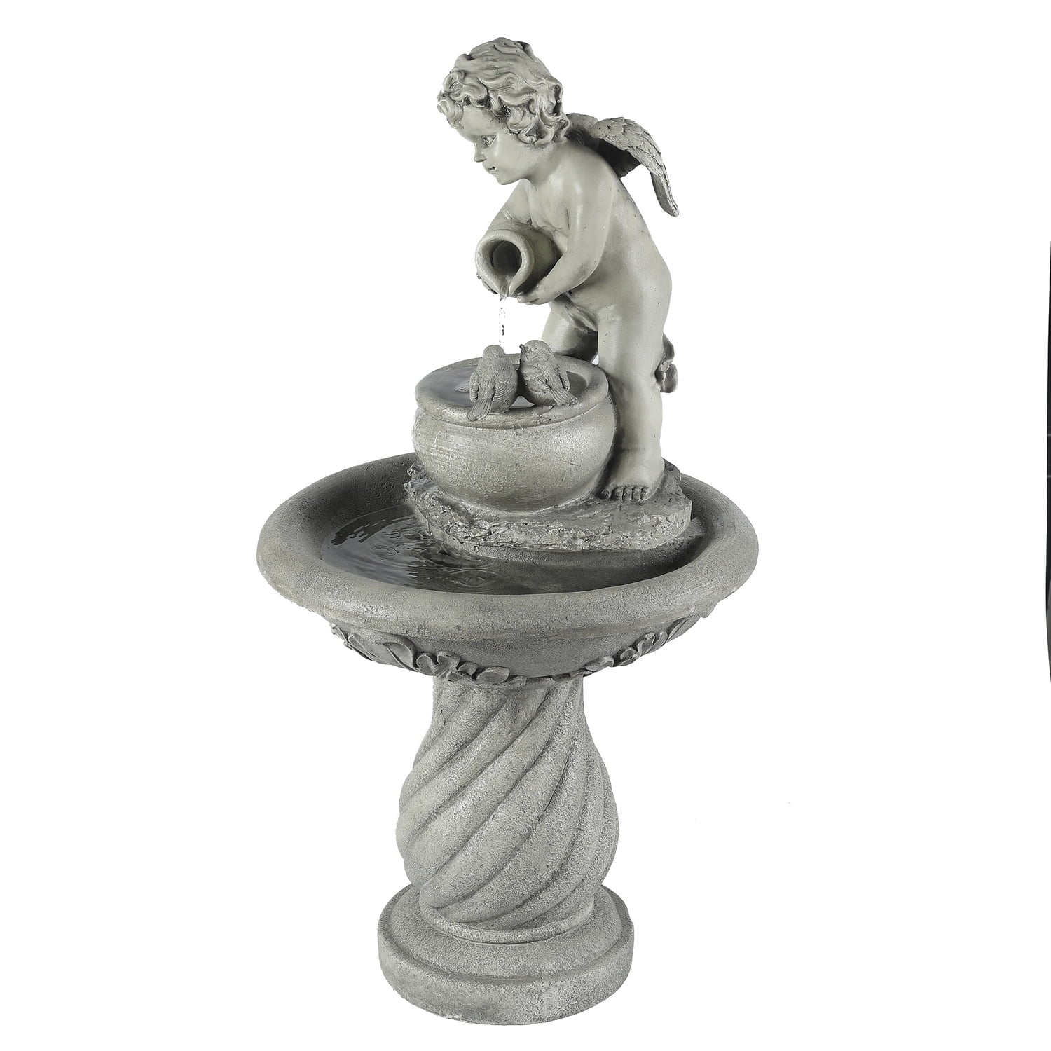 Gray Resin Cherub Birdbath Fountain F6423