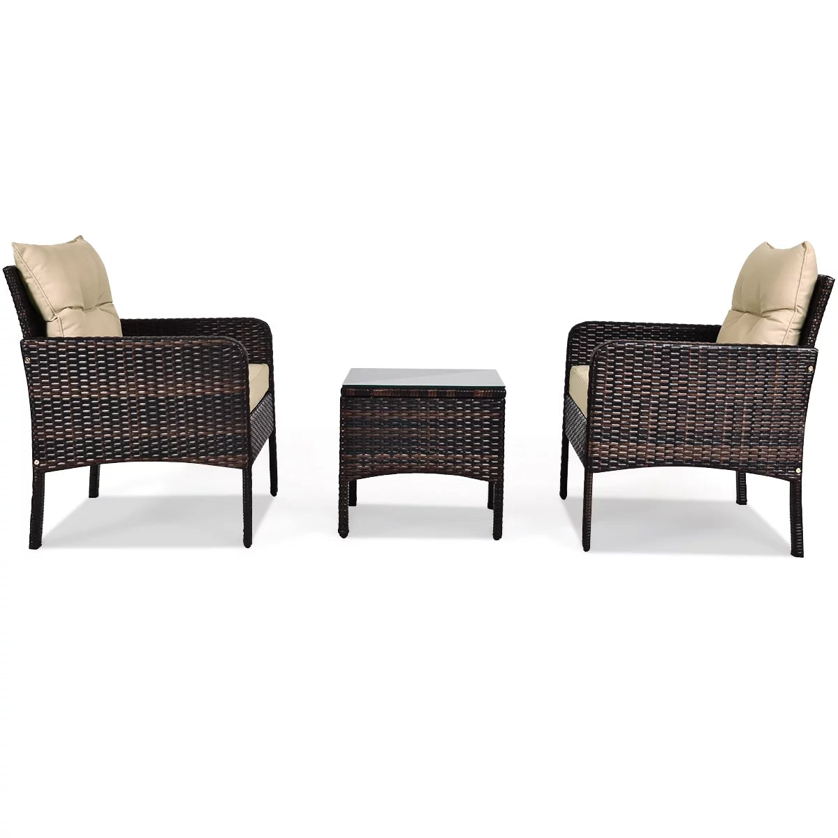 Brown 3PCS Patio Outdoor Rattan Furniture Set with Cushioned Chairs Coffee Table Q873