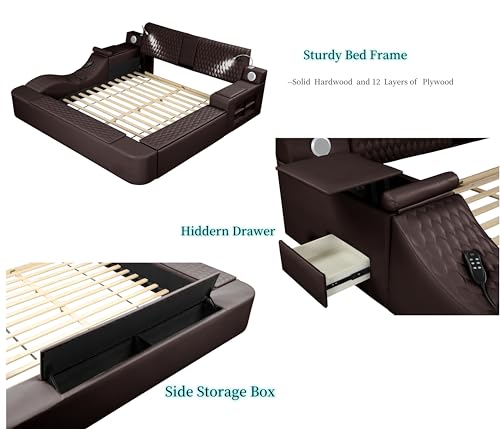 Queen Size Leather Bed Frame with Massage Recliner and Storage Space (Gray) Q98056