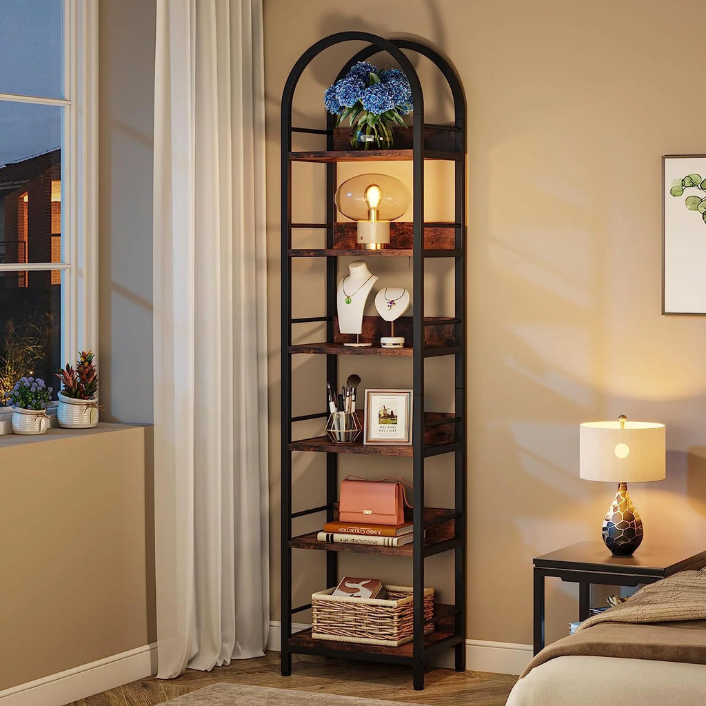 6-Tier Open Bookshelf, 78.7" Tall Arched Bookcase with Metal Frame, Rustic Brown A4183
