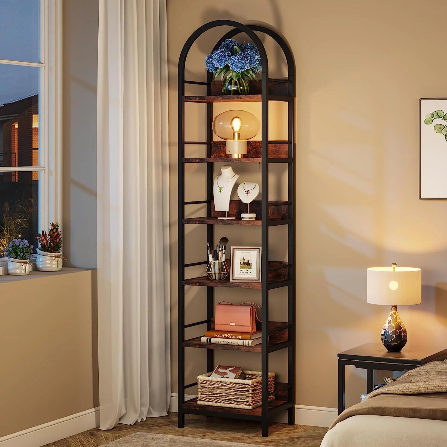 6-Tier Open Bookshelf, 78.7" Tall Arched Bookcase with Metal Frame, Rustic Brown A4183