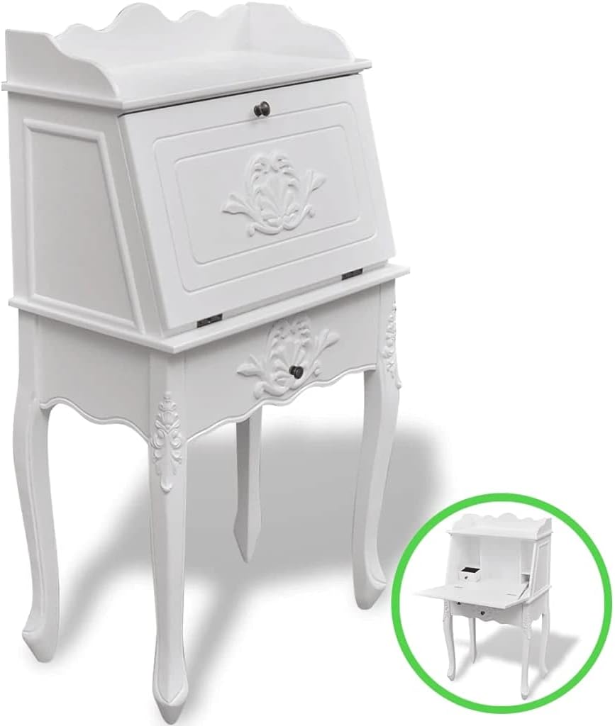 White Carved Wooden Secretary Desk L264232