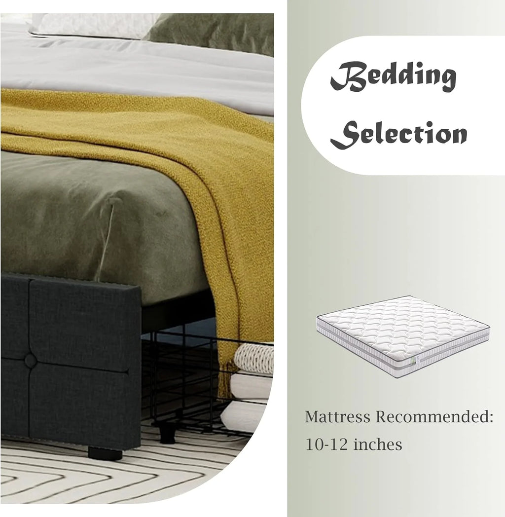 Black Linen Queen Size Platform Bed Frame with 4 Storage Drawers F9730