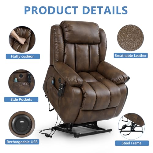 Large Power Lift Recliner with Heated and Massage, Breathable Leather (Dark Blue) G74525