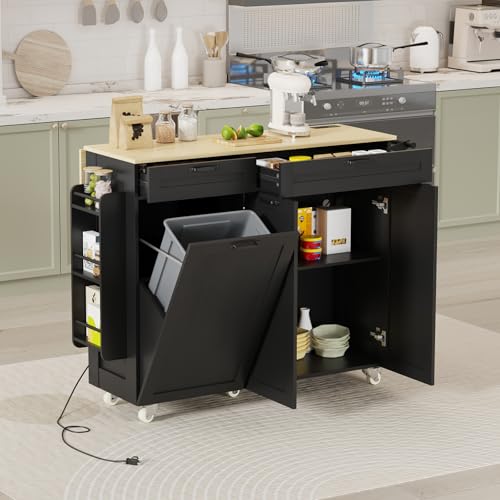 Rolling Kitchen Island with Power Outlet & Drop Leaf, Trash Storage Cabinet, Spice Rack & Towel Rack, Knife Holder Y445764