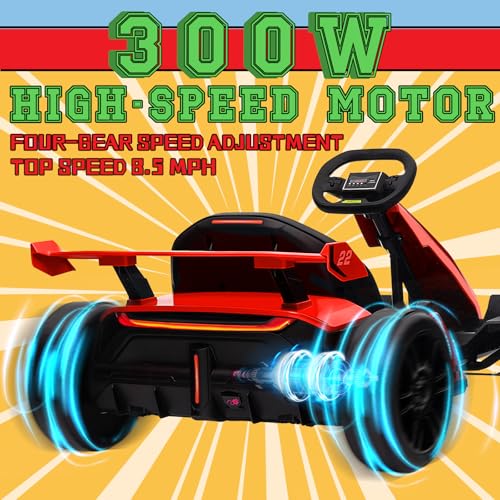 Red Electric Drift Kart Car with Adjustable Seat, 24V, 4 Speed Mode, 300W Motor, 8.5 MPH A654